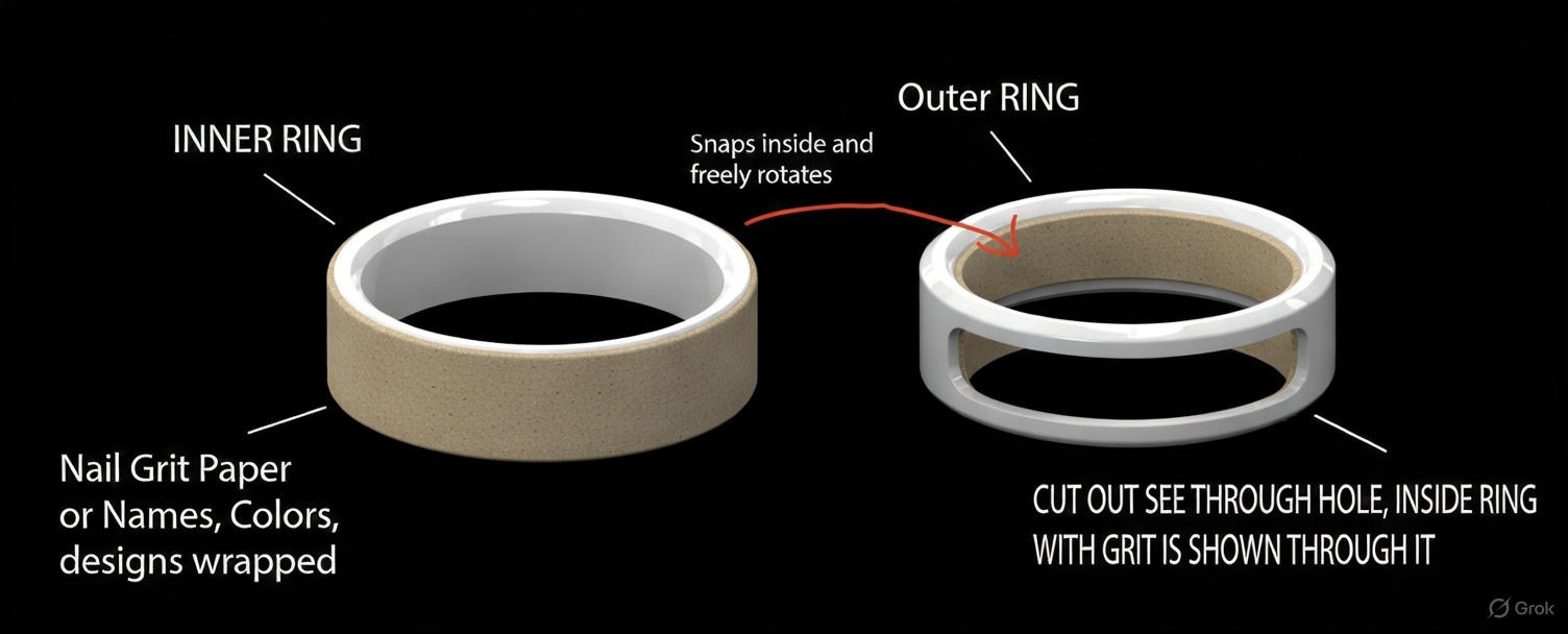 Inner grit ring beside the outer window ring, with the snap-in path marked