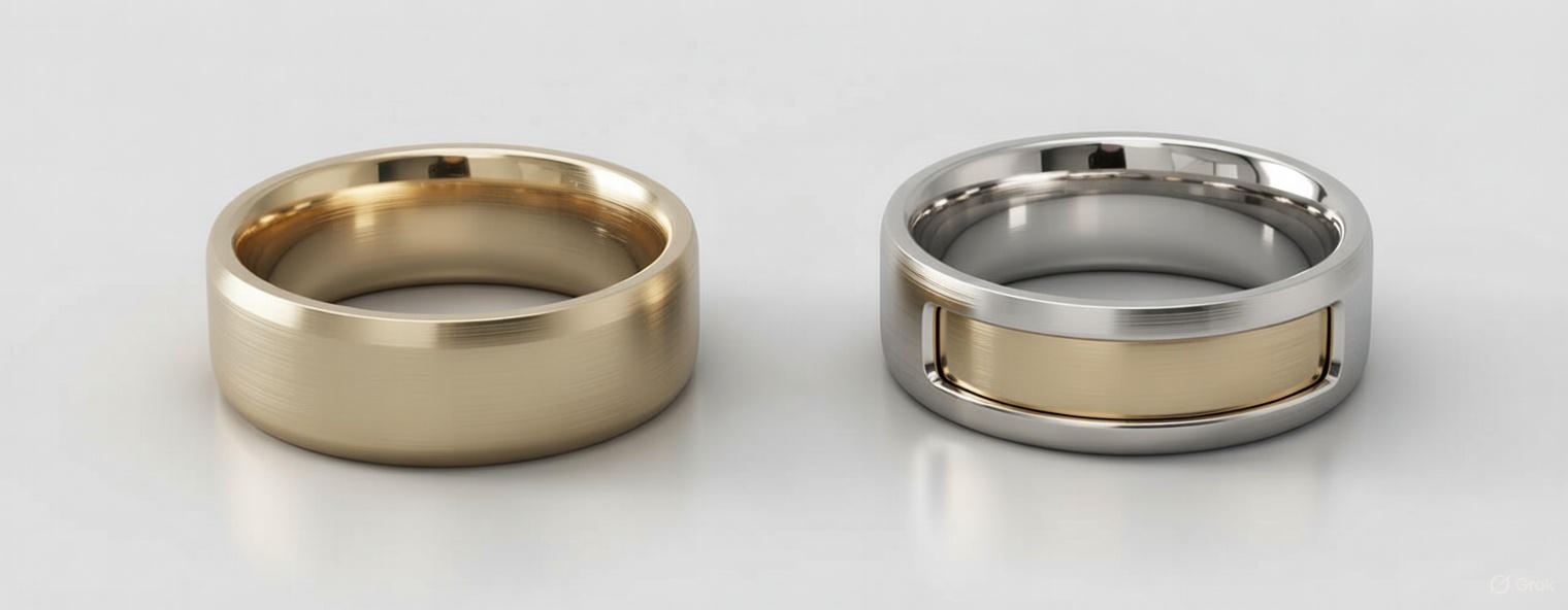 Gold band beside a two-tone band with a gold insert in the window