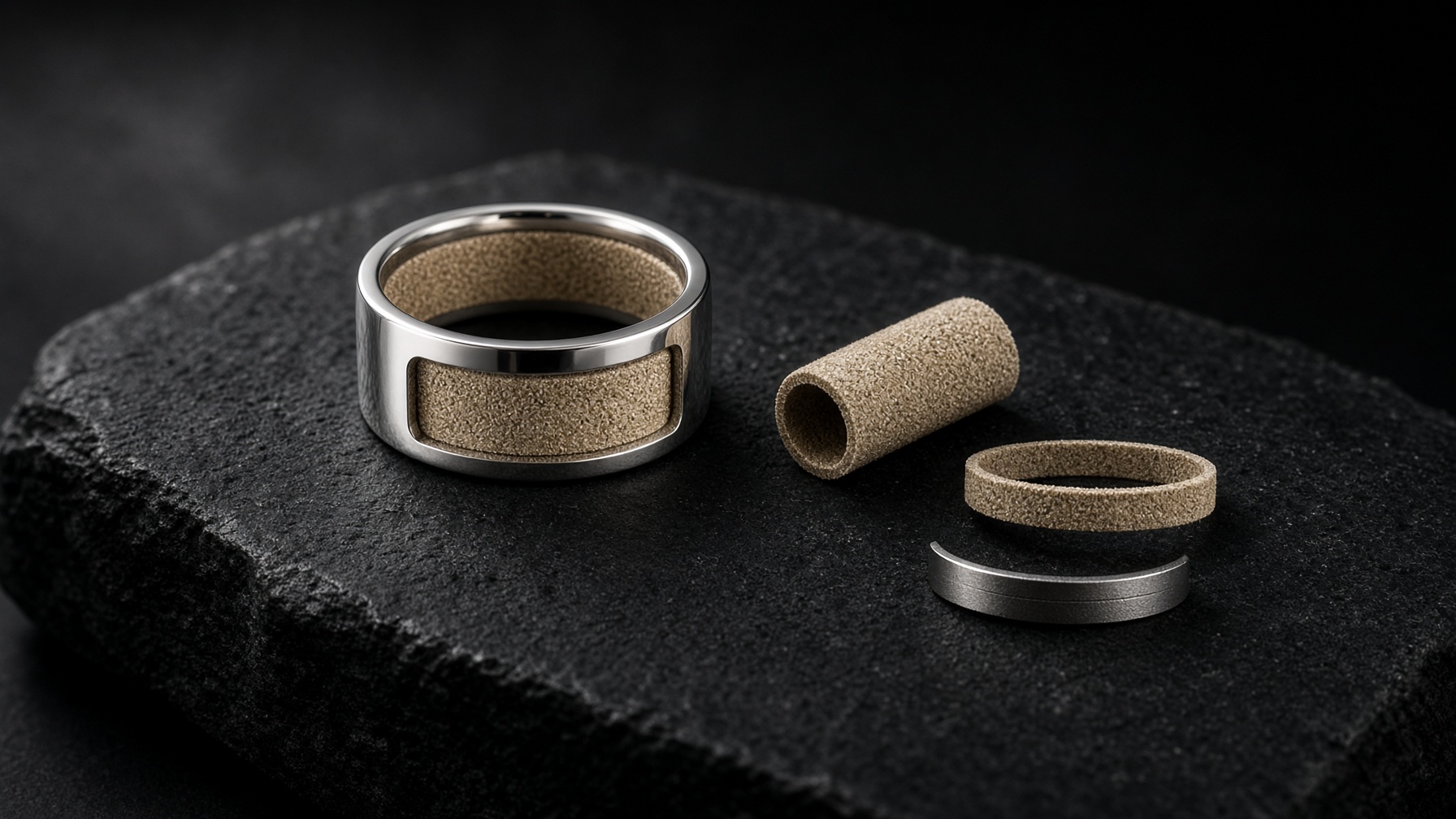 Bite Buster ring with spare grit wraps on a dark stone slab